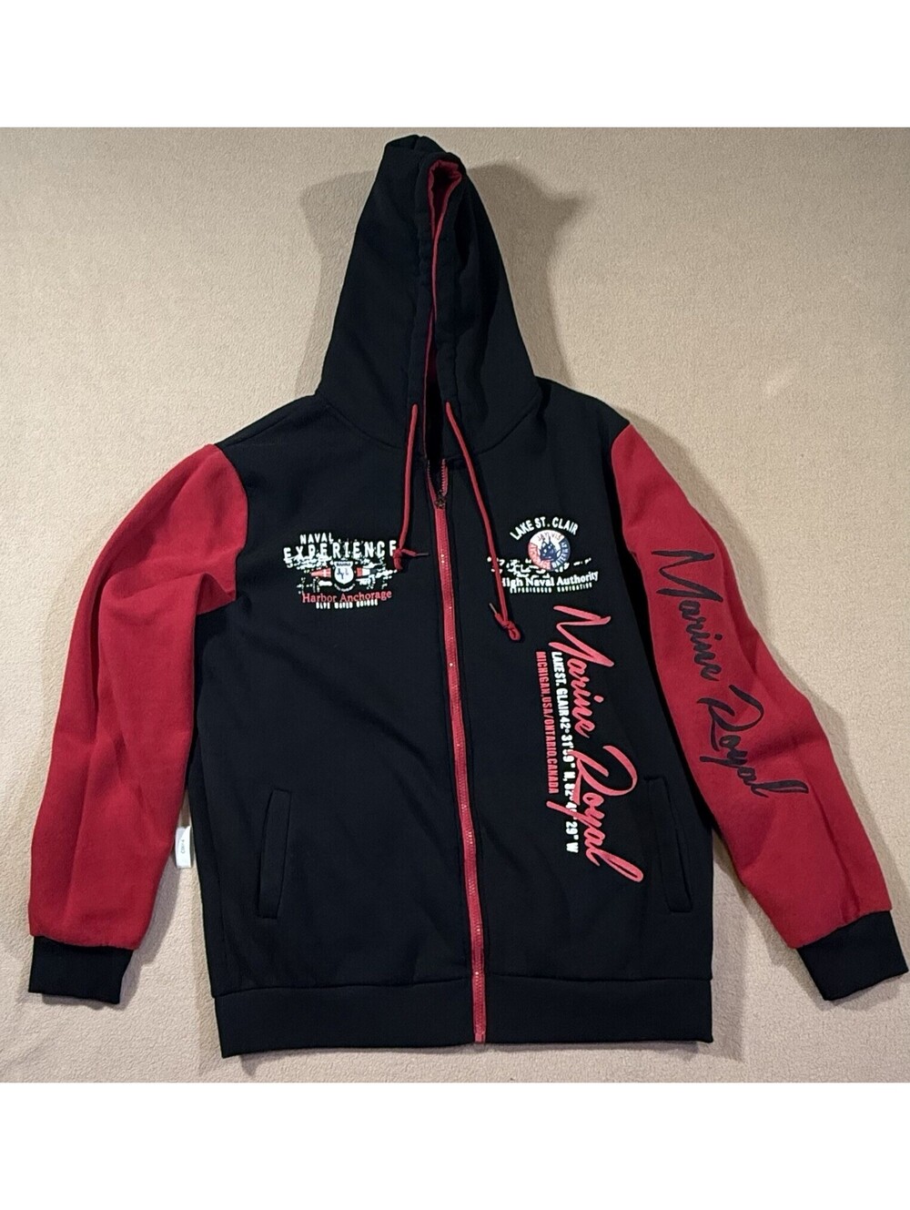 Men's Marine Graphic Print Full Zip Fleece Hoodie, Cotton Blend, Black/Red XL
